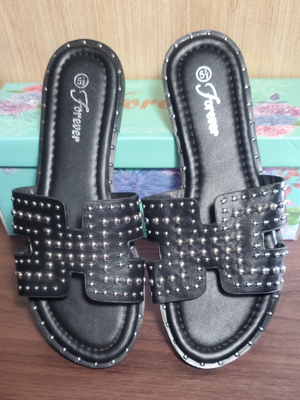 Forever Link Black Studded Slide Mules